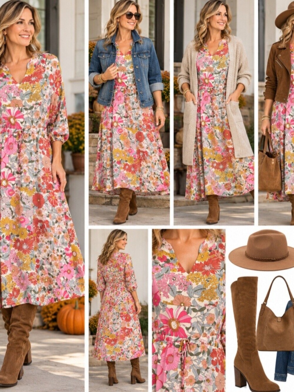 Entro Floral Maxi Dress Women Medium Boho Cottagecore 3/4 Sleeve V Neck Lined - Picture 2 of 11